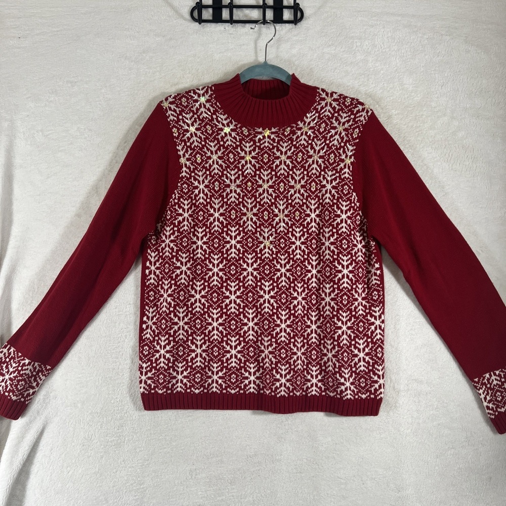 Vintage White Stag Red White Beaded Snowflake Christmas Holiday Sweater X-Large